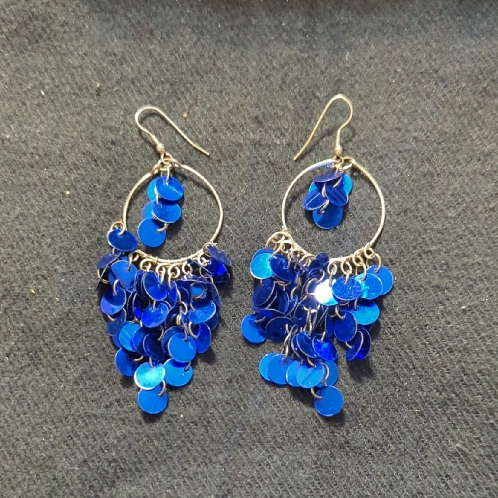 Silver Tone Blue Disc Dangle Statement Earrings